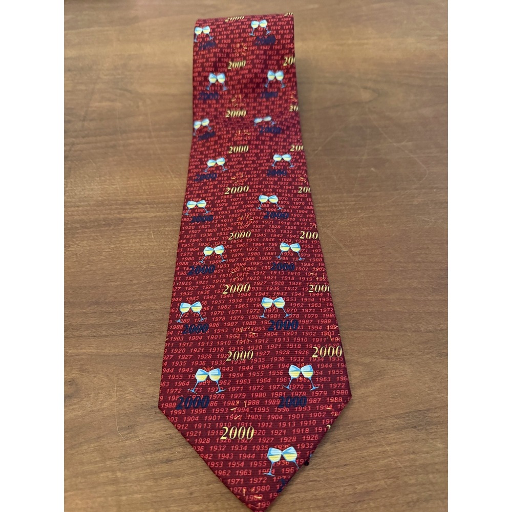 *VINTAGE*NEW YEARS EVE 1999 Mens 100% Silk Tie Burgundy Red Y2K Millennium 2000